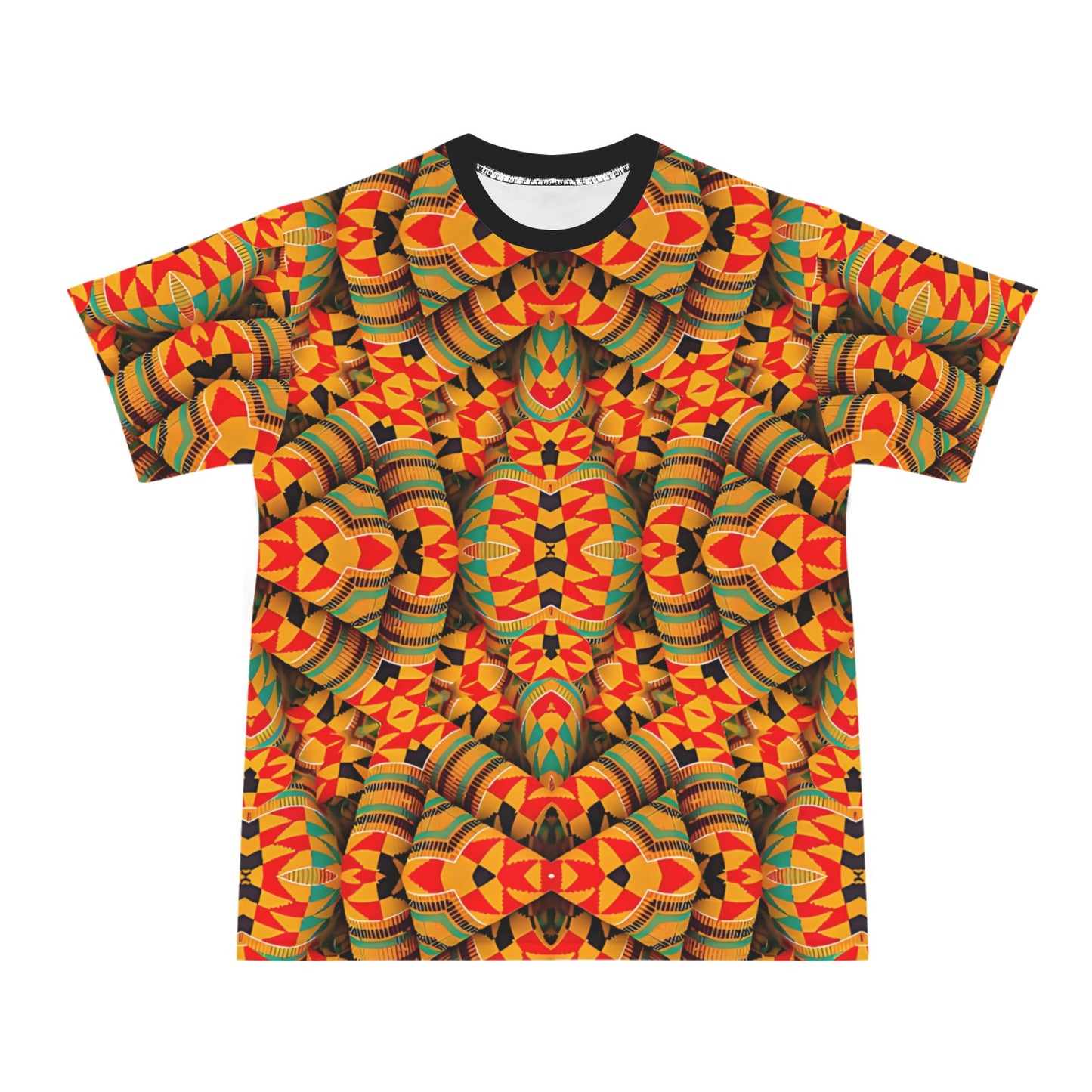 Men's Vibrant Kente Kaleidoscope Geo Pattern All Over Print Ribbed Collar T-Shirt