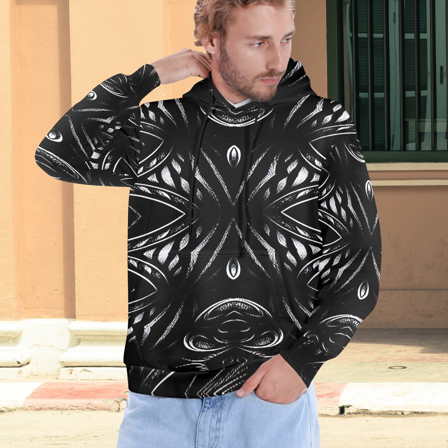 Men's Black & White Geometric Pattern All-Over Print Men's All Over Print Hoodie