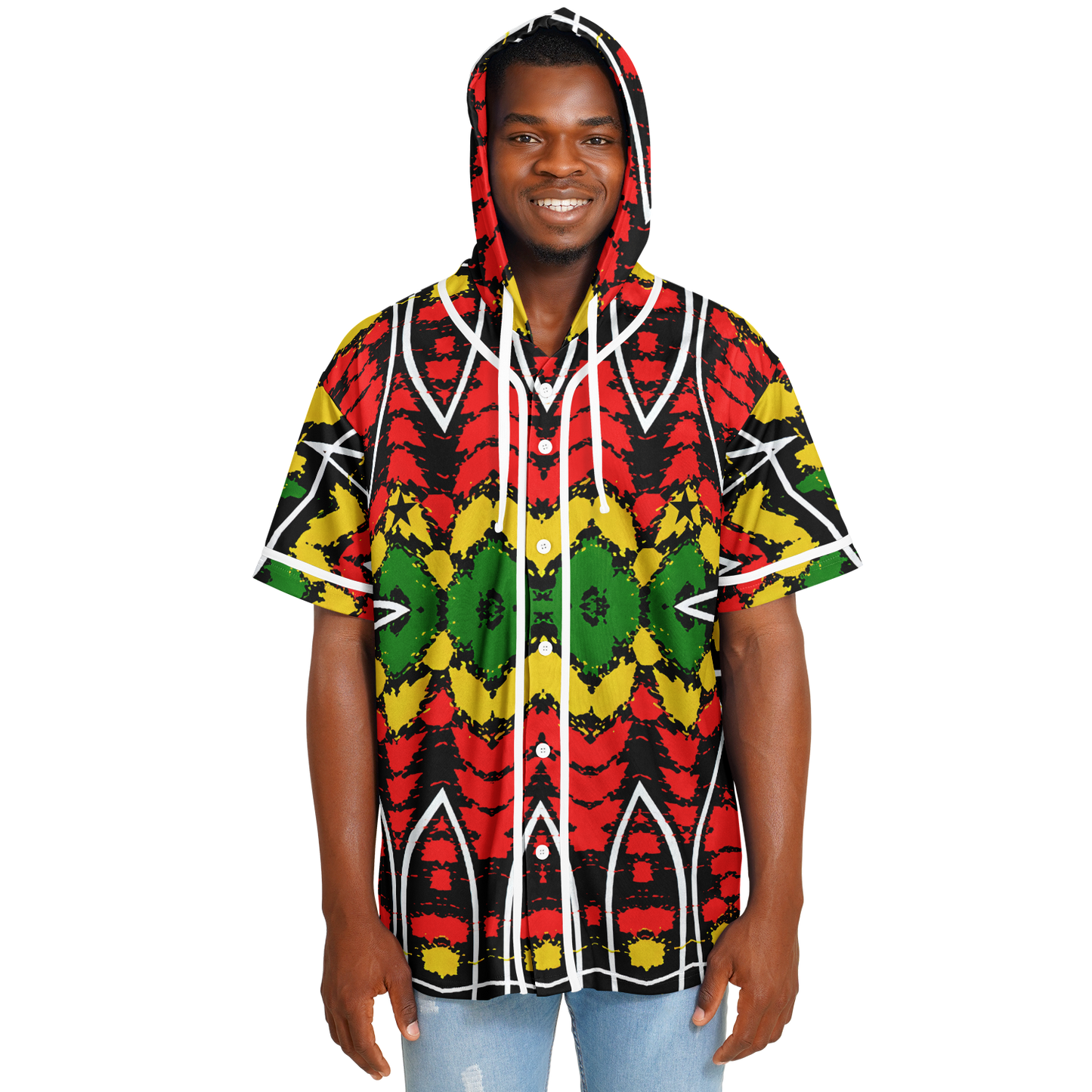 Men's Ghana Flag & Black Star Pattern All-Over Print Hooded Baseball Jersey