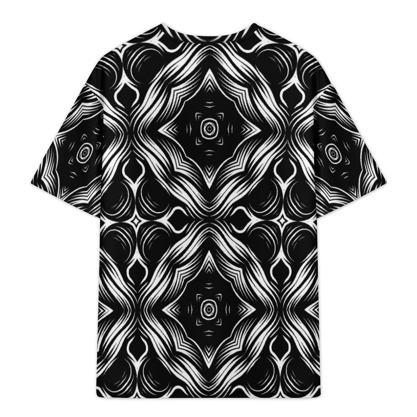 Men's Black & White Geometric Pattern All-Over Print Shirt Plus Size Drop Shoulder T-Shirt