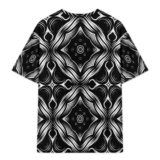 Men's Black & White Geometric Pattern All-Over Print Shirt Plus Size Drop Shoulder T-Shirt