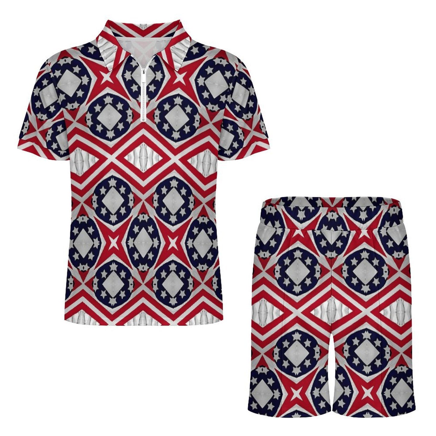 Men's Patriotic Red White Blue Geometric Zip-Up Polo Set
