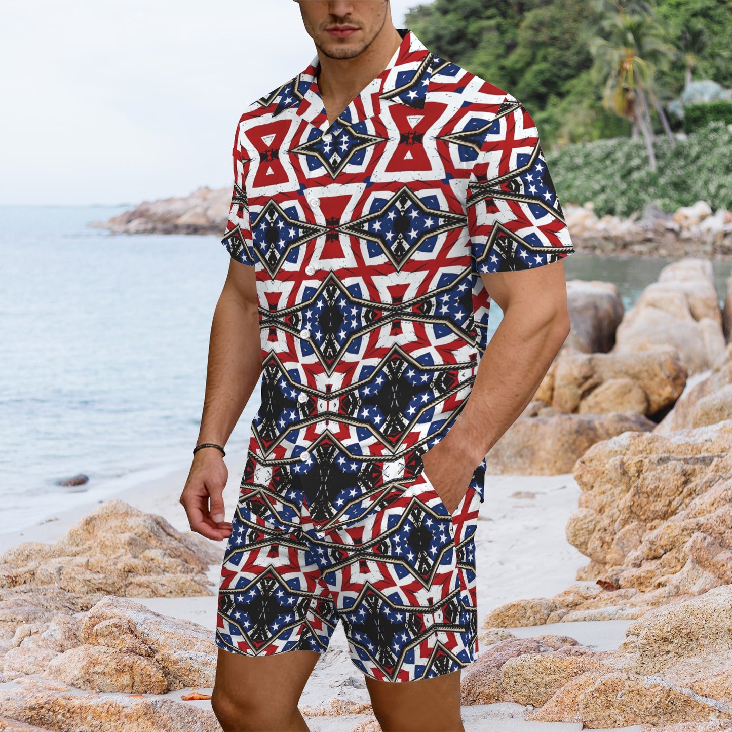 Men's Patriotic Star Kaleidoscope Pattern All-Over Print Hawaiian Shirt & Shorts Set