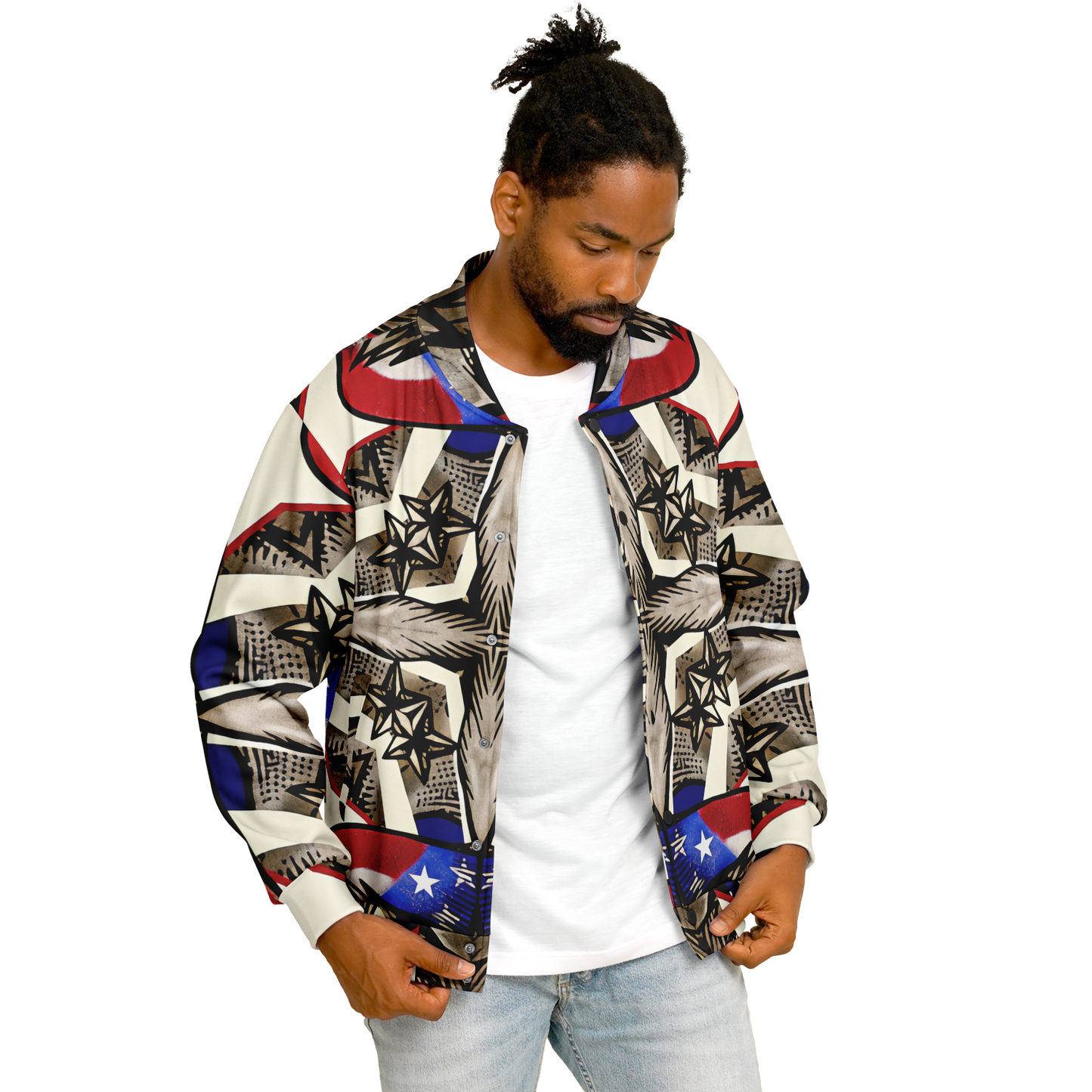 Men's Patriotic Star Kaleidoscope Pattern All-Over Print Baseball Jacket