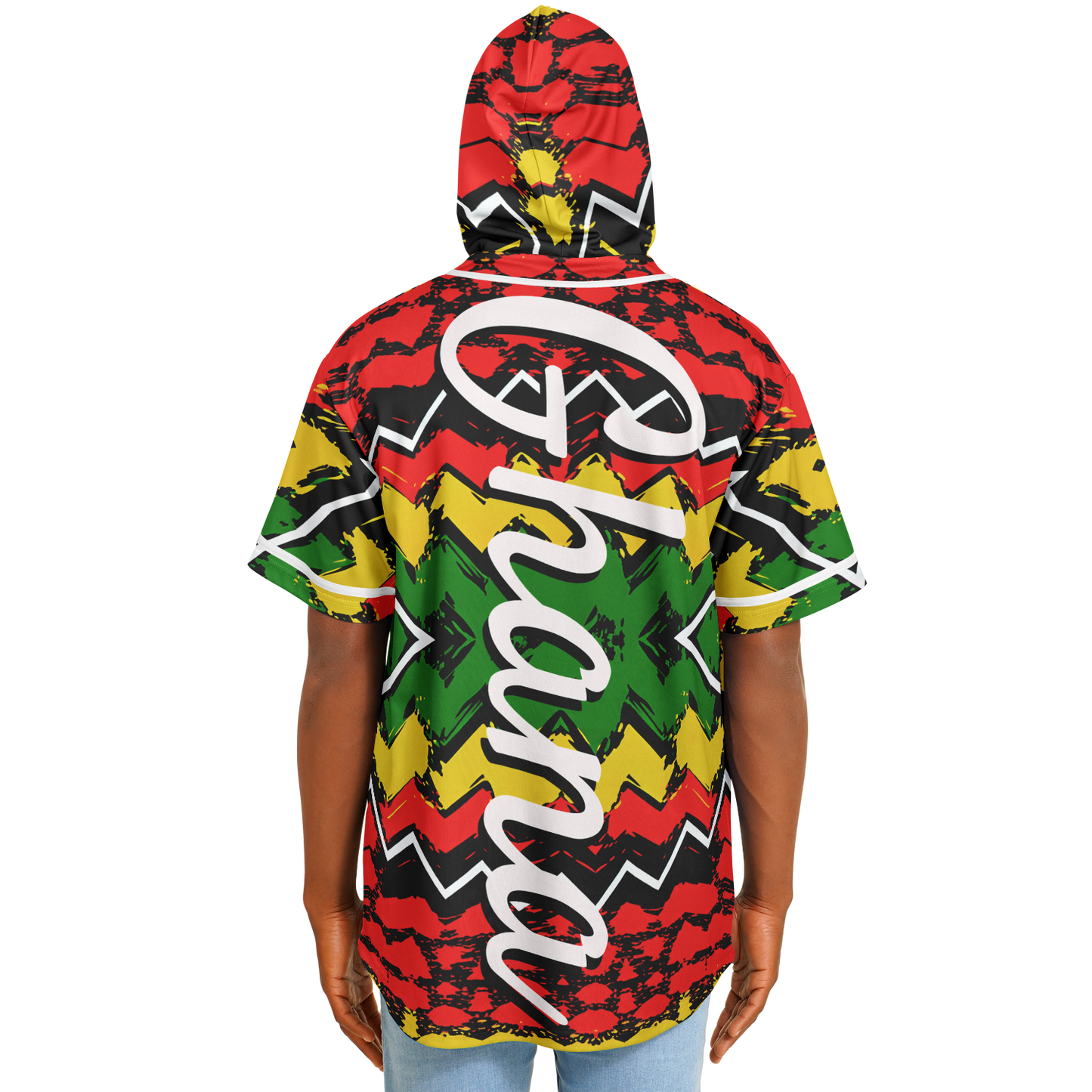 Men's Ghana Flag & Black Star Pattern All-Over Print Hooded Baseball Jersey