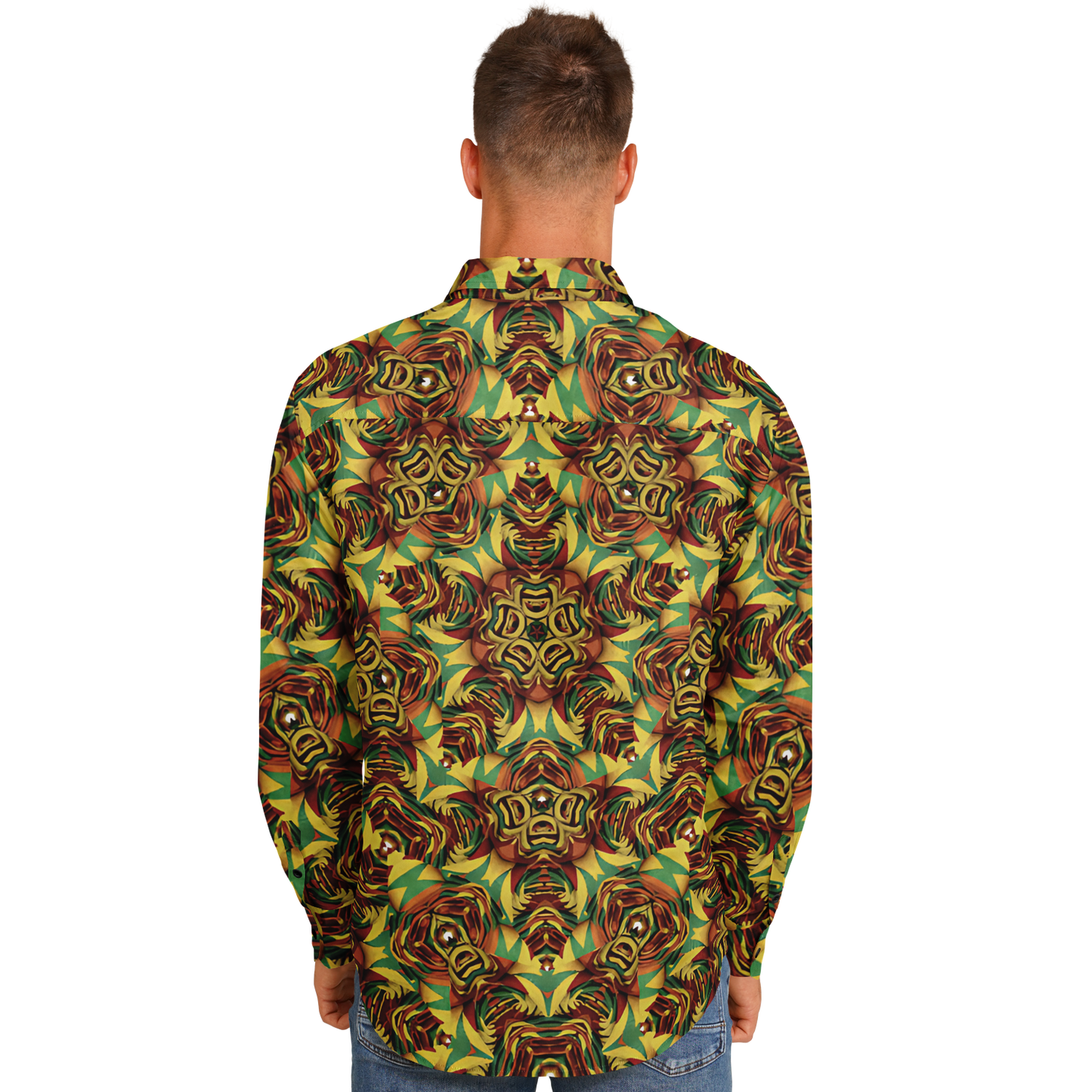 Men's Vibrant Geometric Pattern Spread Collar Long Sleeve Button-Down All Over Print Shirt.