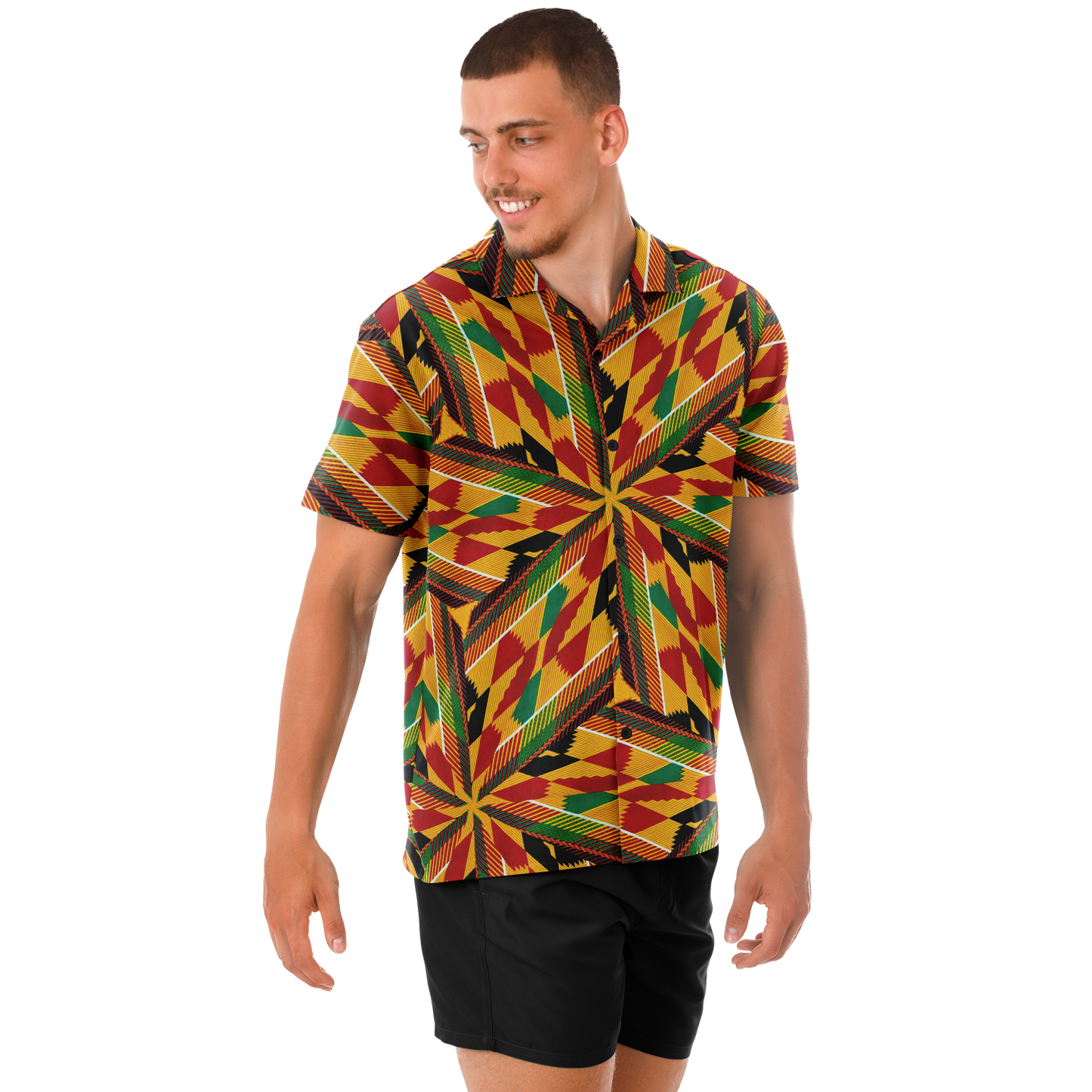 Men's African Kente Geometric Pattern All-Over Print Spread Collar Short Sleeve Button-Down Shirt