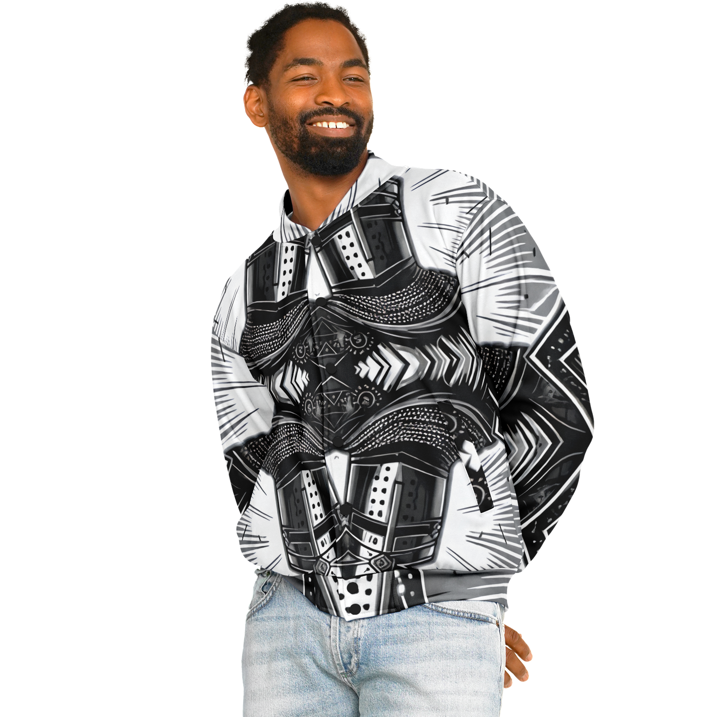 Men's Classic Black & White Geometric Pattern All Over Print Baseball Jacket
