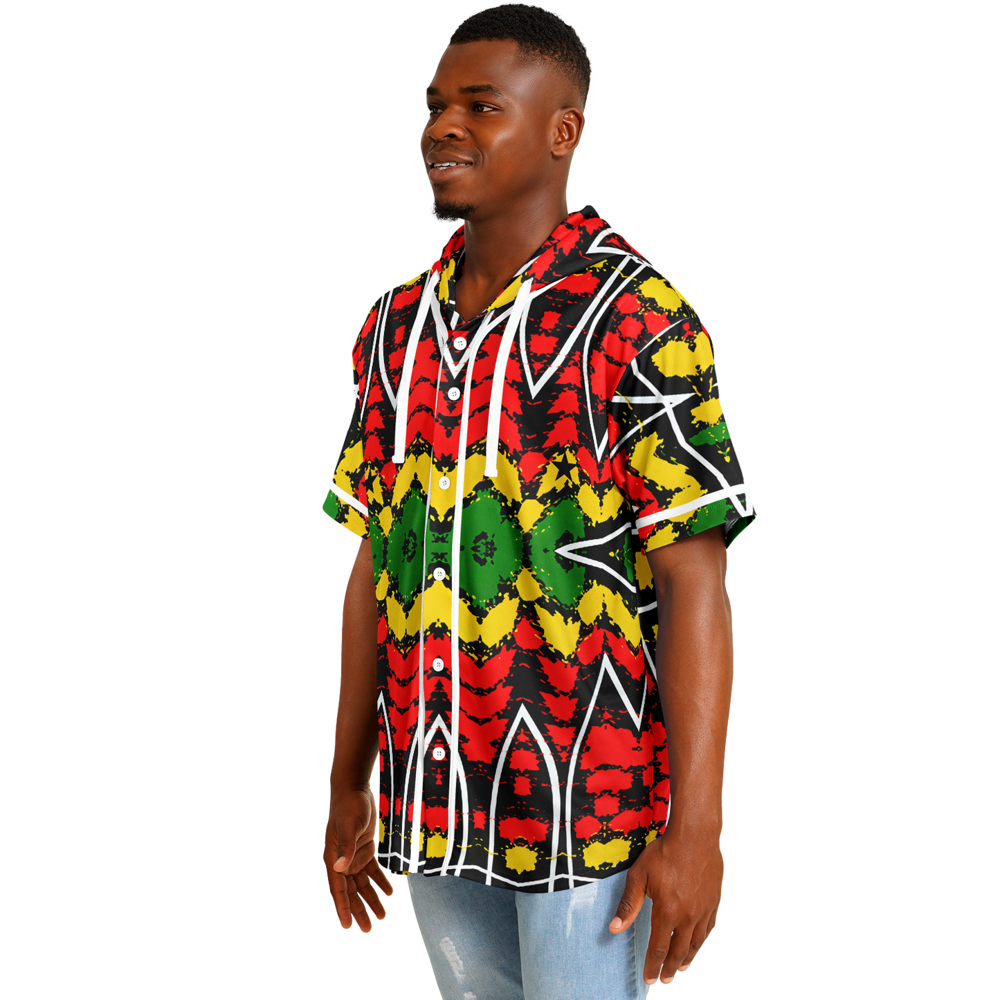 Men's Ghana Flag & Black Star Pattern All-Over Print Hooded Baseball Jersey