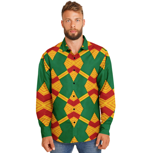 Men Bold Green, Red & Gold African Kente-Inspired Pattern Spread Collar Long Sleeve Button-Down All-Over Print Shirt