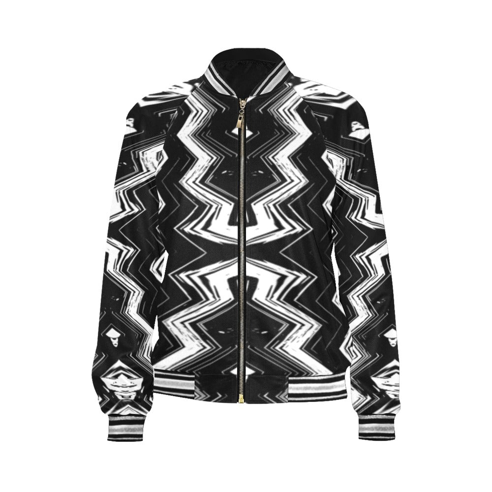Women's Black & White Geometric Pattern All-Over Print Bomber Jacket for Women