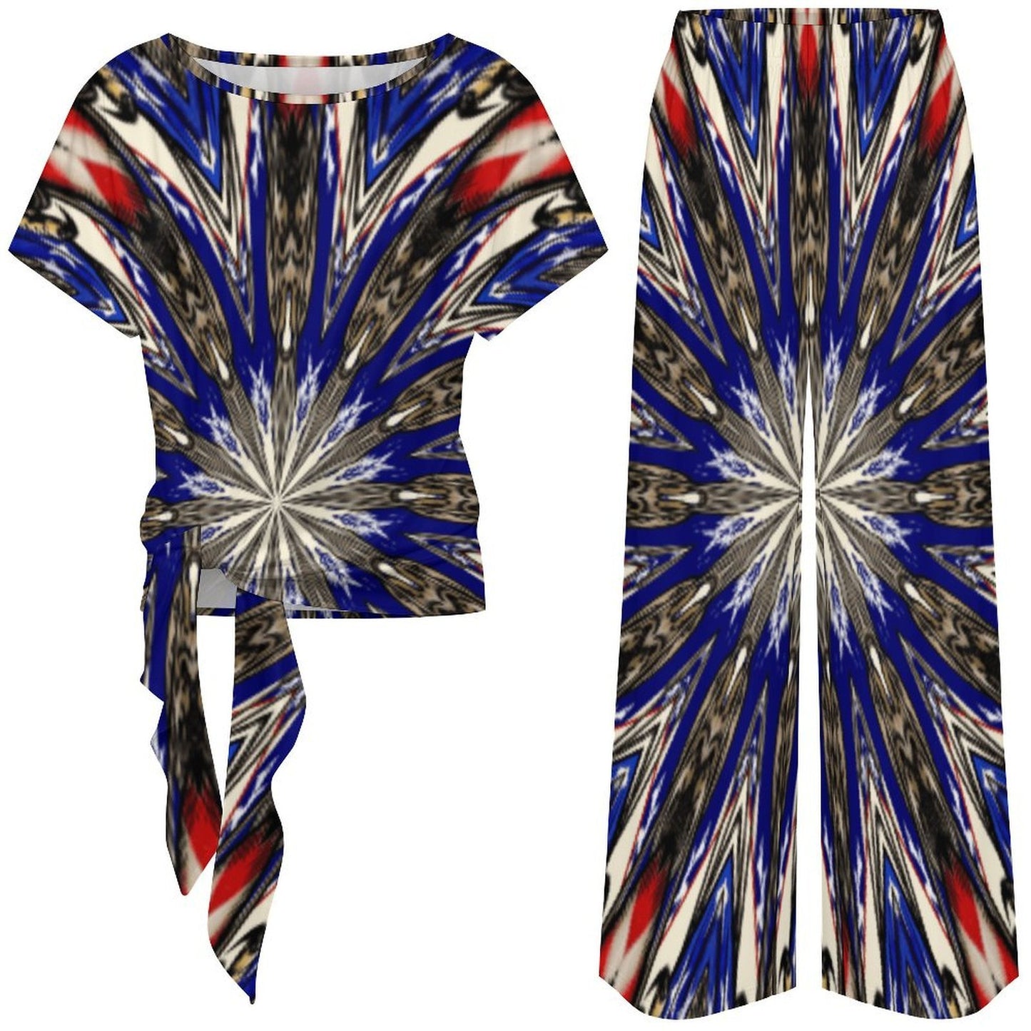 Women's Starburst Patriotic Colors Pattern All-Over-Print Side-Tie Short Sleeve Top & Wide-Leg Pants Set