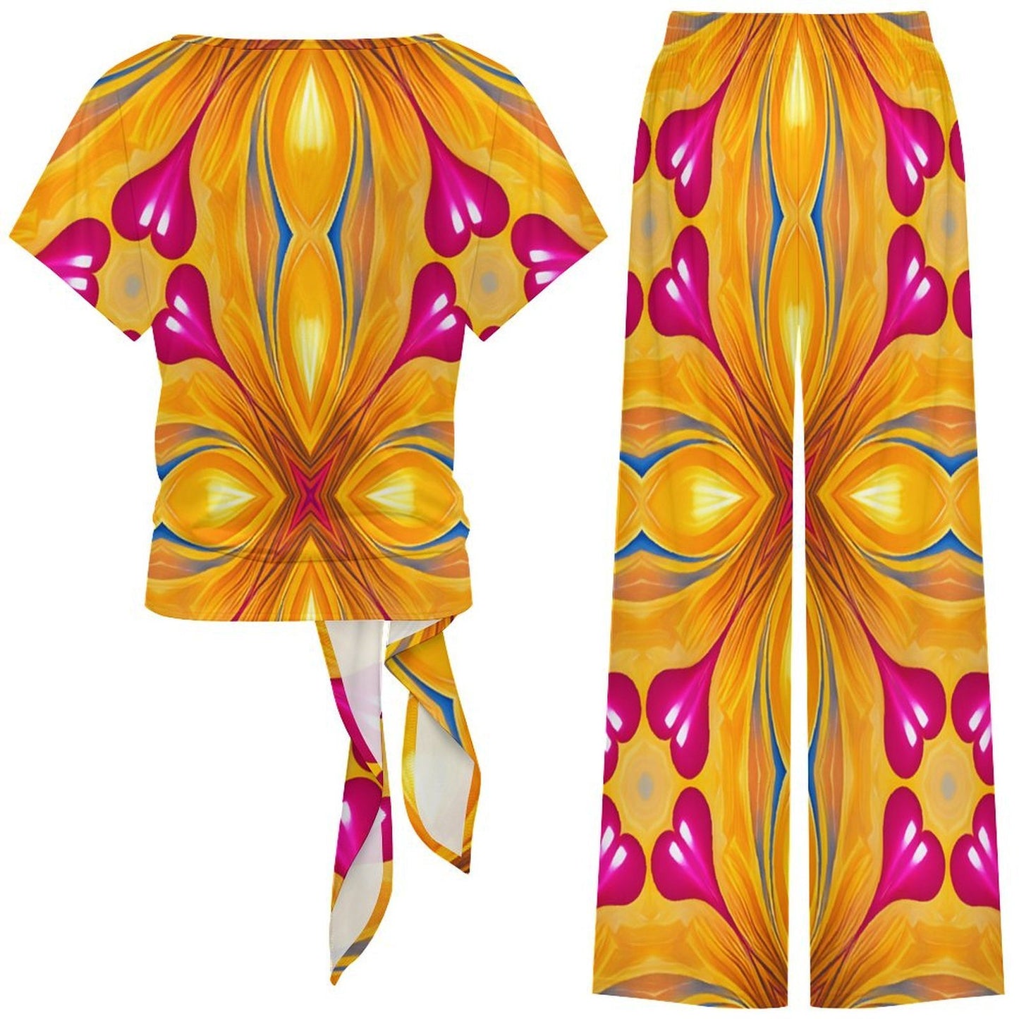Women's Yellow & Red Heart To Heart Pop Pattern All Over Print Side-Tie Short Sleeve Top & Wide-Leg Pants Set