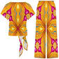 Women's Yellow & Red Heart To Heart Pop Pattern All Over Print Side-Tie Short Sleeve Top & Wide-Leg Pants Set