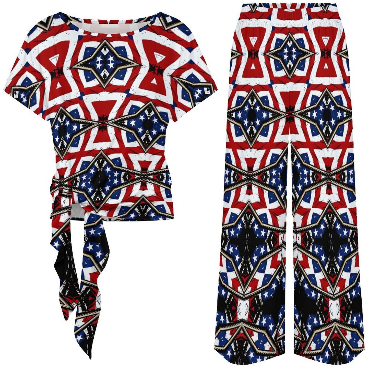Women's Patriotic Star Kaleidoscope Pattern All-Over Print Side-Tie Short Sleeve Top & Wide-Leg Pants Set