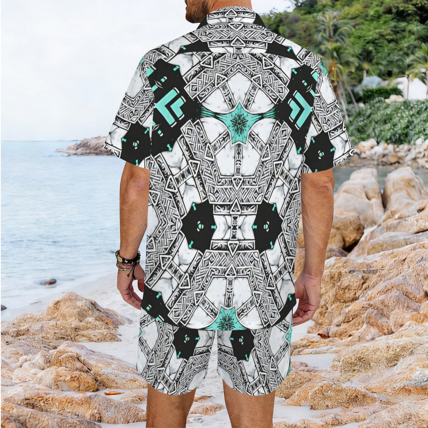 Men's Kaleidoscope Geometric Pattern All Over Print  Hawaiian Shirt & Shorts Set