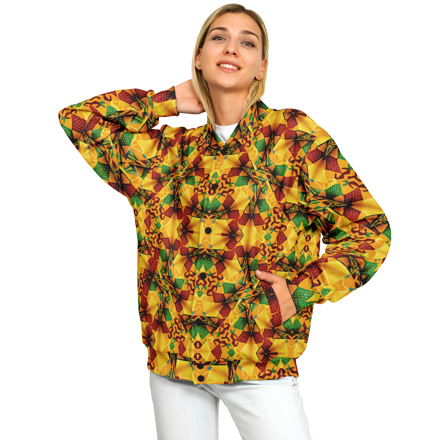 Women's Vibrant African Kente Geometric Pattern All Over Print Baseball Jacket