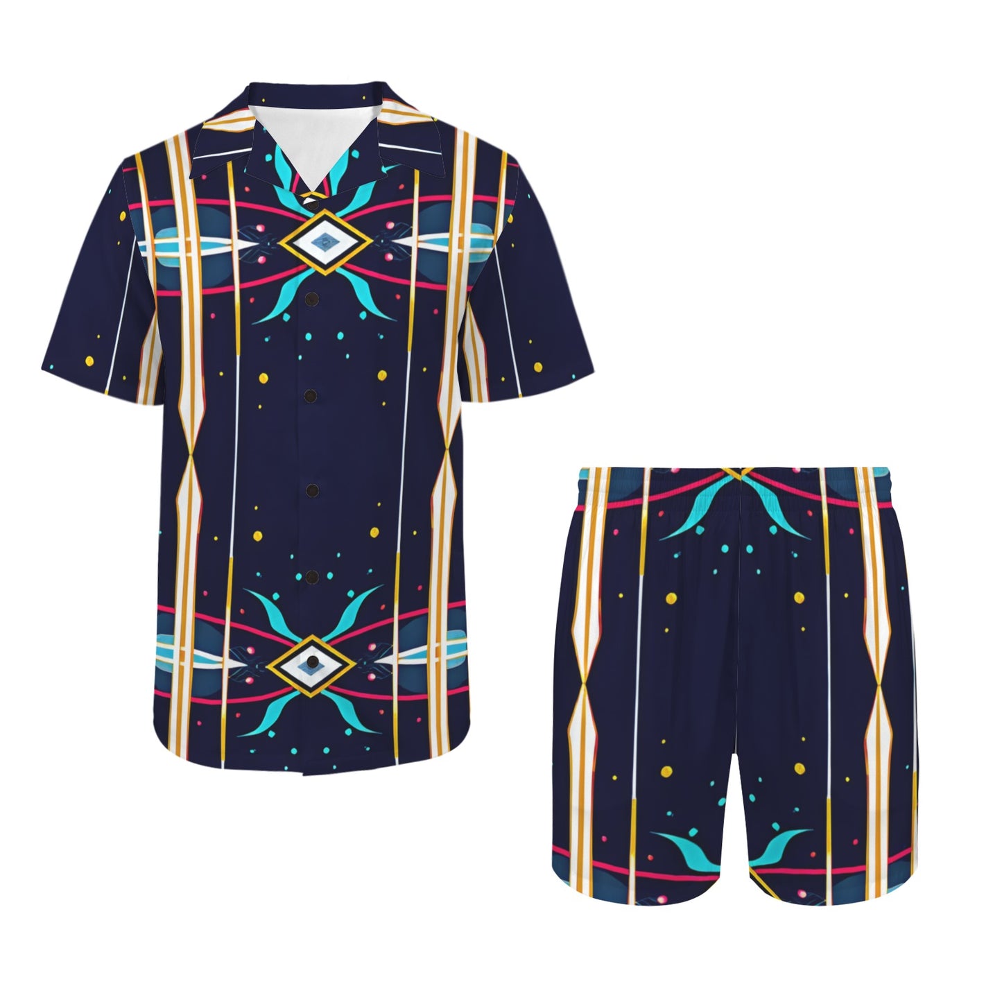 Men's Abstract Neon Geometry Pattern All Over Print Hawaiian Shirt & Shorts Set