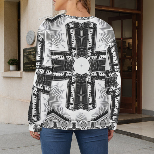 Women's Black & White Kaleidoscope Cross Pattern All Over Print Crew Neck Sweater.