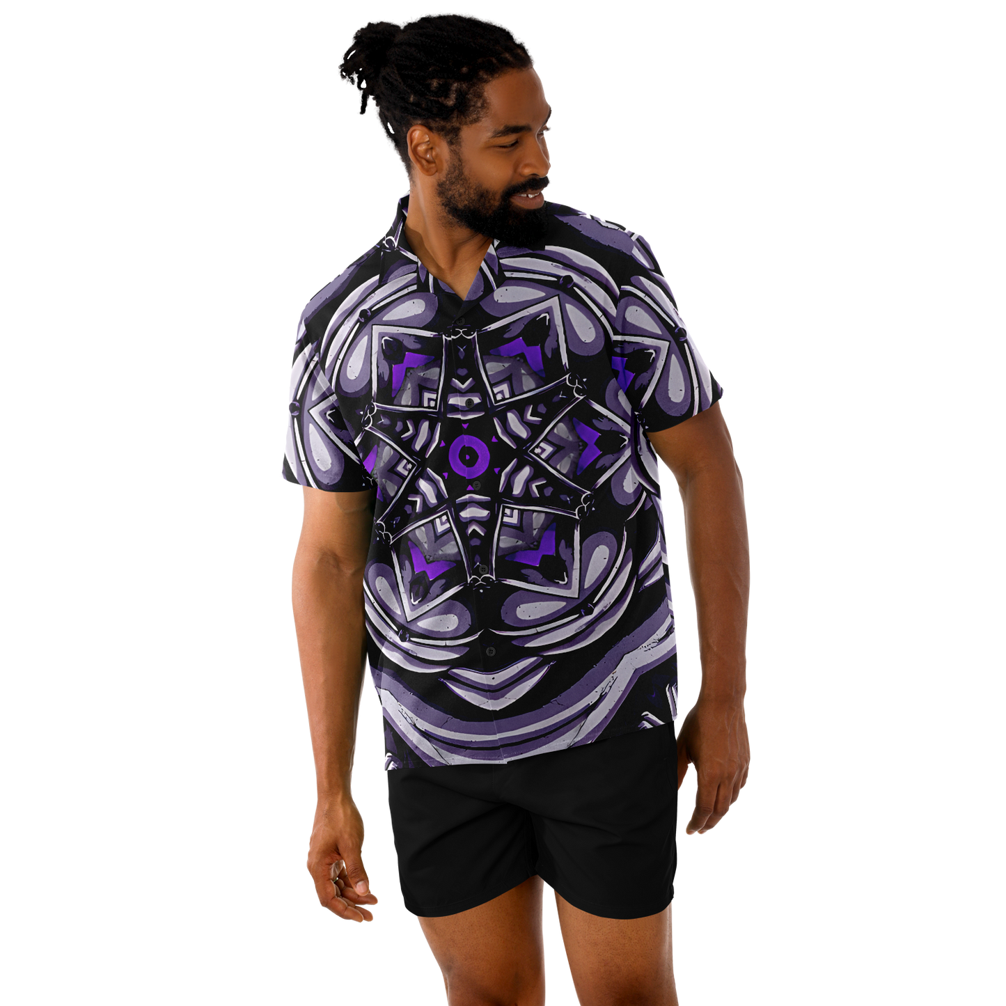 Men's Kaleidoscope Purple Pattern Spread Collar Short Sleeve Button-Down All Over Print Shirt.