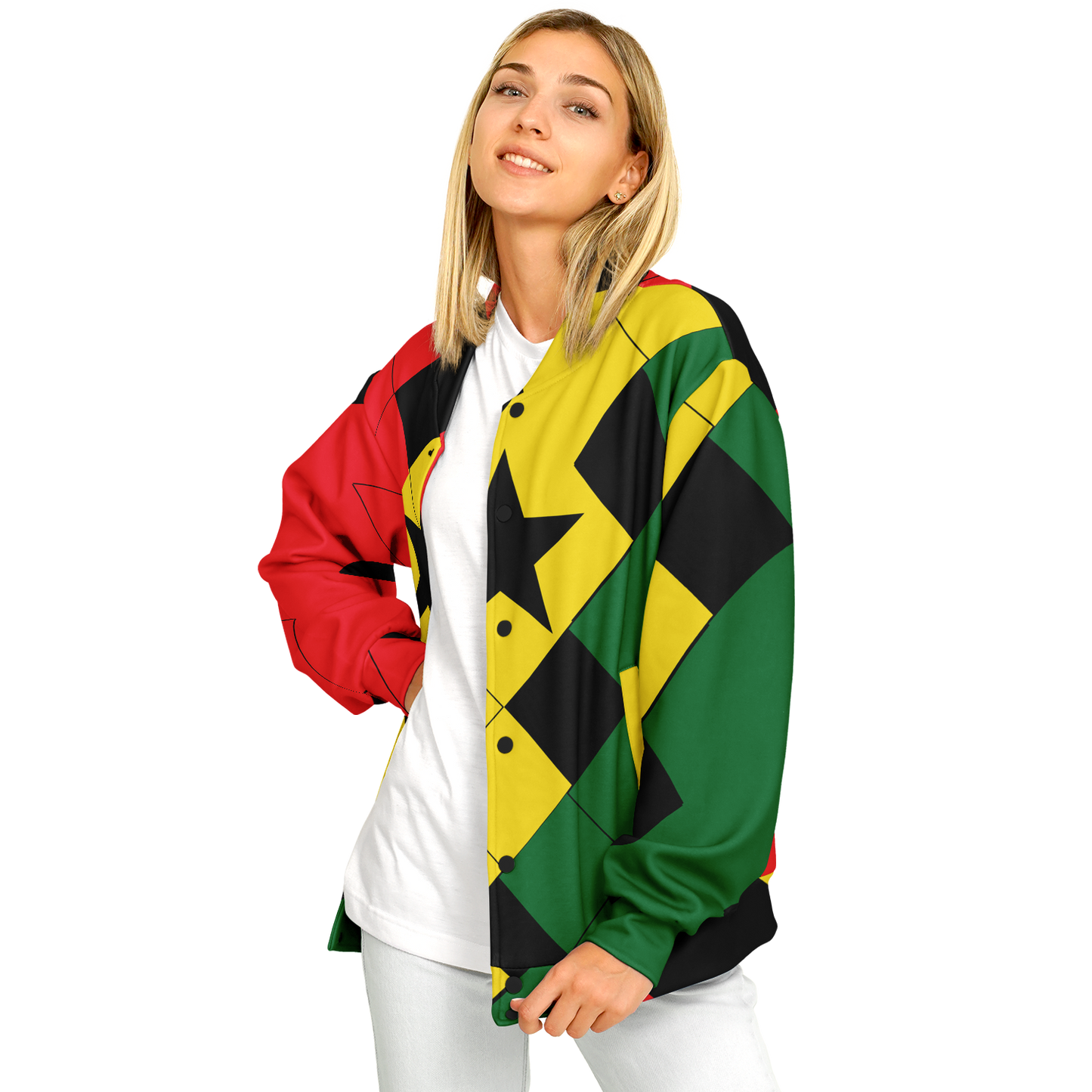 Women's Ghana Flag & Black Star Pattern All-Over Print Baseball Jacket