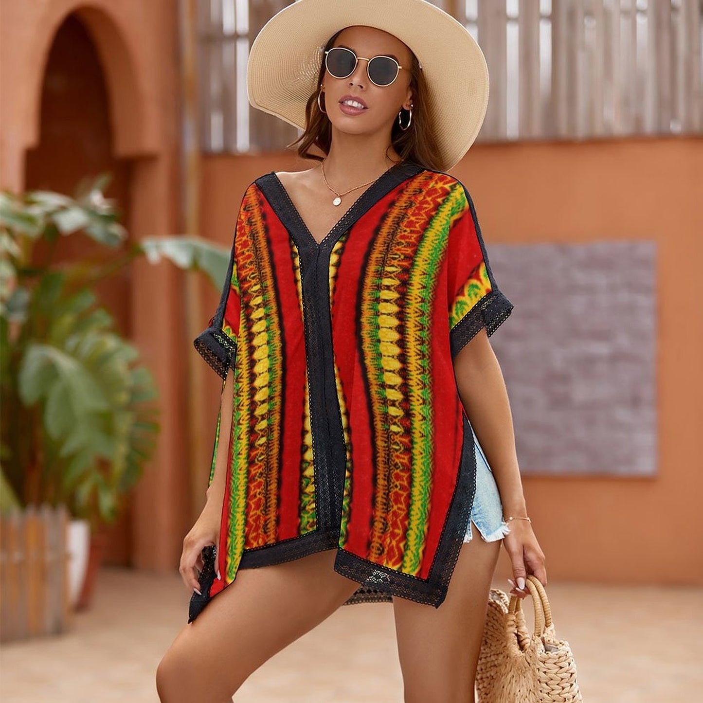 Women's Red Bold Tribal Pattern All-Over Print Swimsuit Cover Up