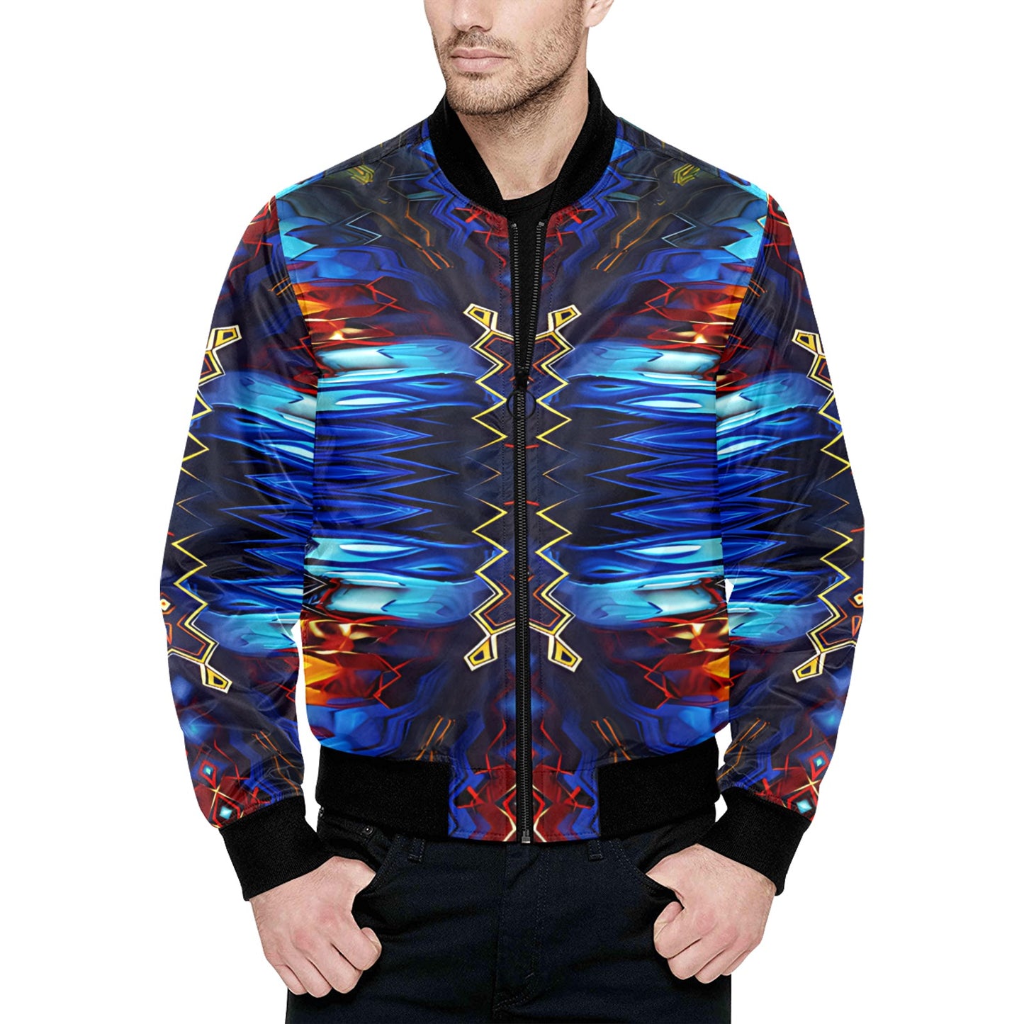 Men's Blue & Red Kaleidoscope Pattern All-Over Print Bomber Jacket