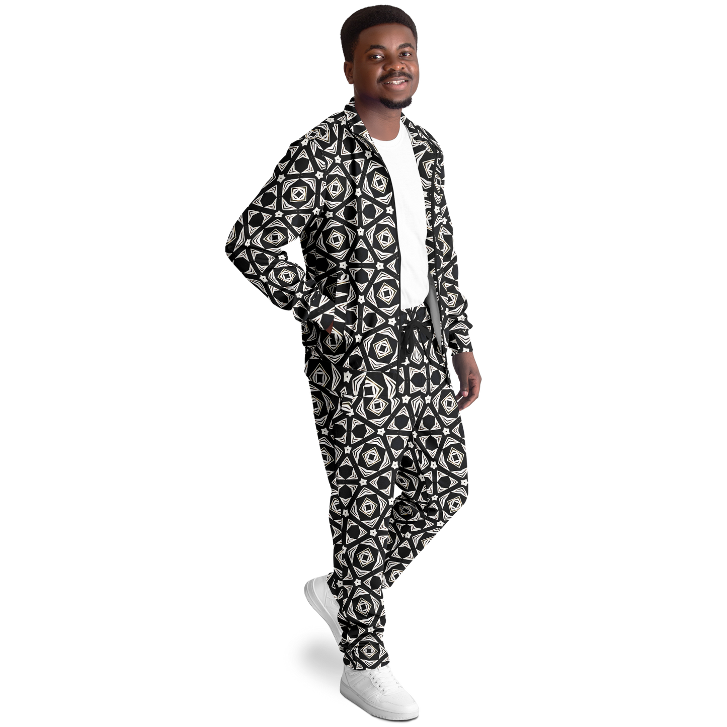 Men's Black Geometric Pattern Track Jacket and Pants