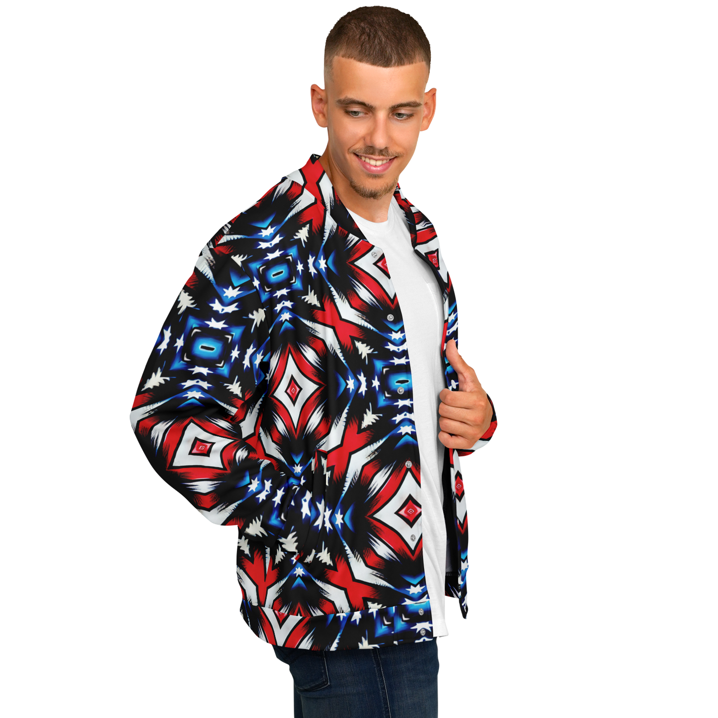Men's Red White Blue Geometric Pattern All-Over Print Baseball Jacket