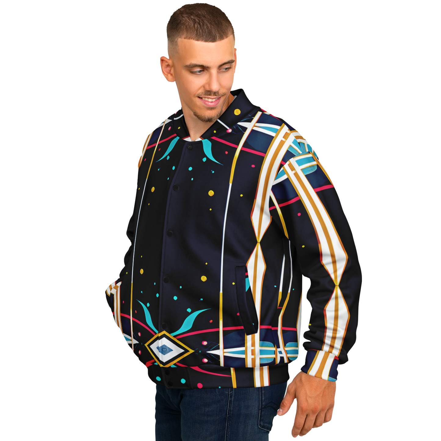 Men's Abstract Neon Geometry Pattern Design All Over Print Baseball Jacket