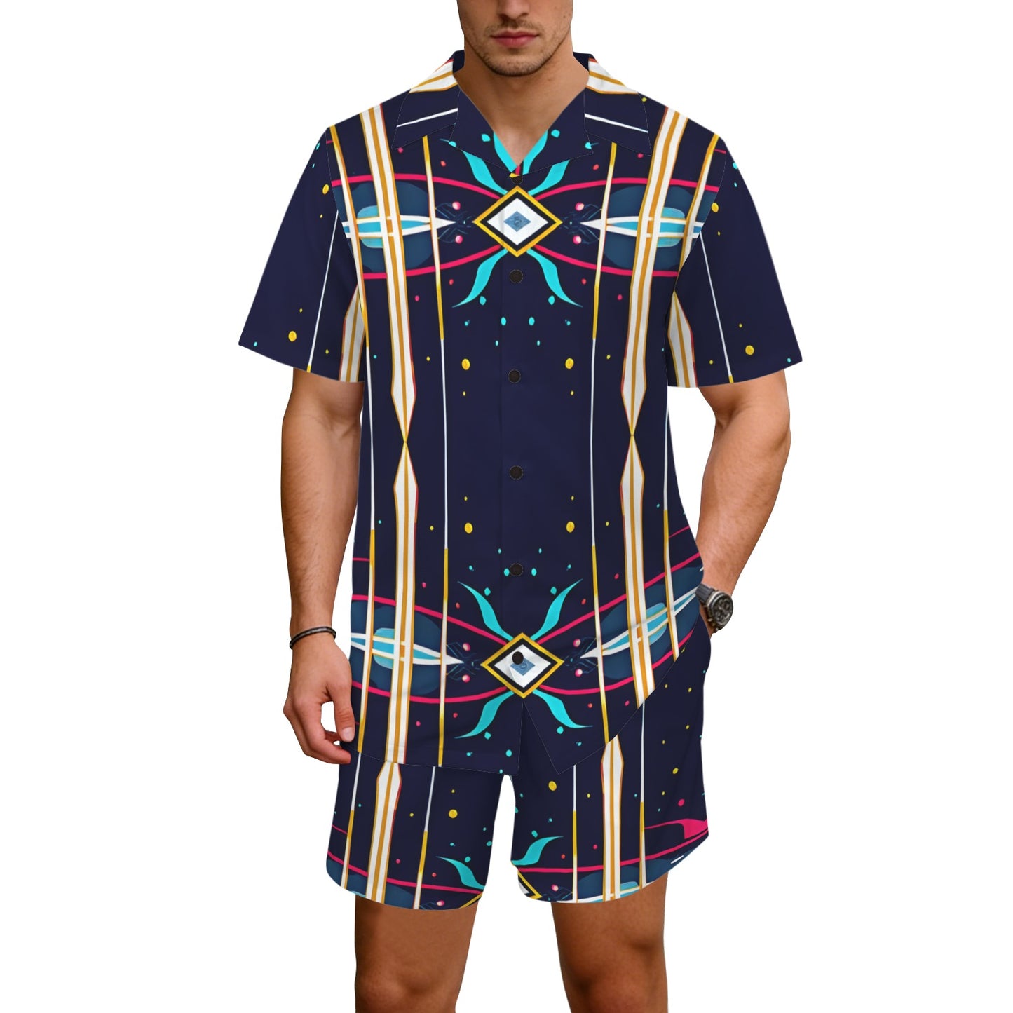 Men's Abstract Neon Geometry Pattern All Over Print Hawaiian Shirt & Shorts Set