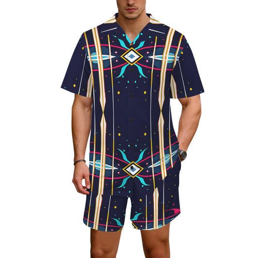 Men's Abstract Neon Geometry Pattern All Over Print Hawaiian Shirt & Shorts Set