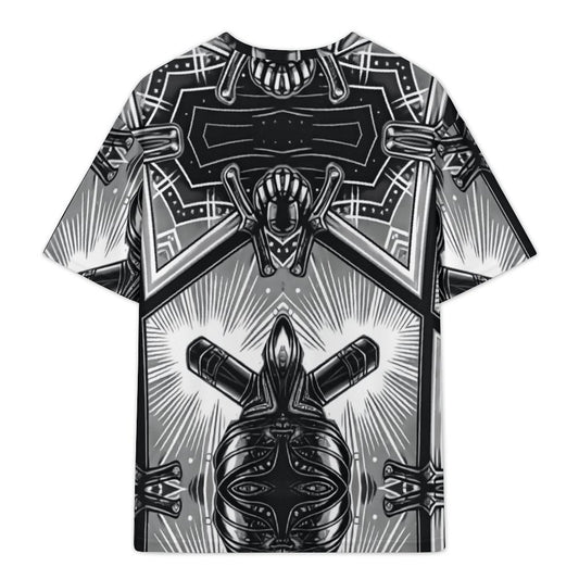 Men's Monochrome Kaleidoscope Pattern All-Over Print Plus Size Drop Shoulder T-Shirt