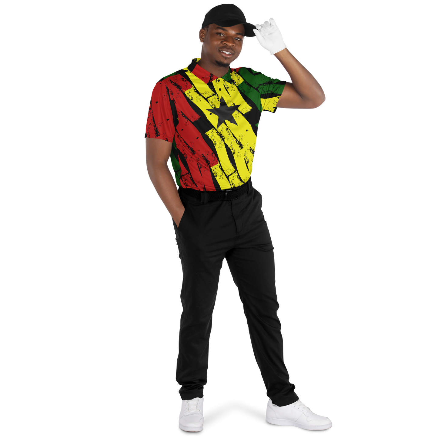 Men's Red Yellow Green Black Stars Polyester Polo Shirt