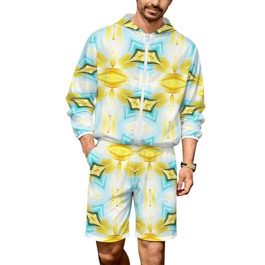 Men's Vibrant Kaleidoscope Geo Pattern All-Over Lightweight Sun Hoodie & Shorts Set