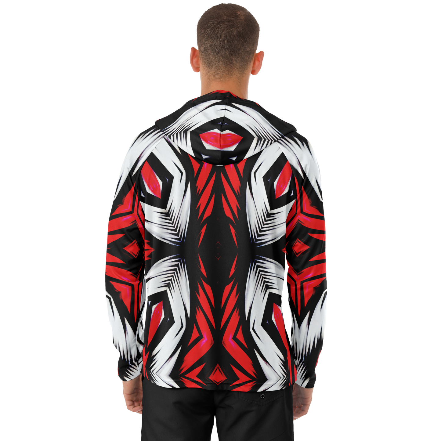 Men's Abstract Red, White & Black Pattern All-Over Print Long Sleeve Hooded Performance Shirt