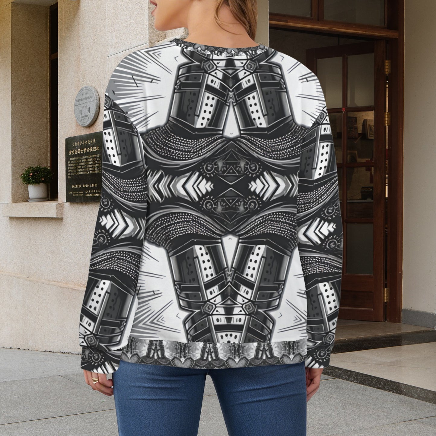 Women's Classic Black & White Geometric Pattern All Over Print Crew Neck Sweater.