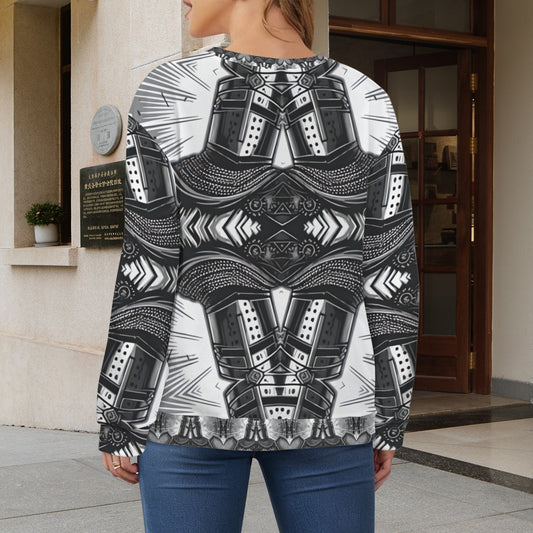 Women's Classic Black & White Geometric Pattern All Over Print Crew Neck Sweater.