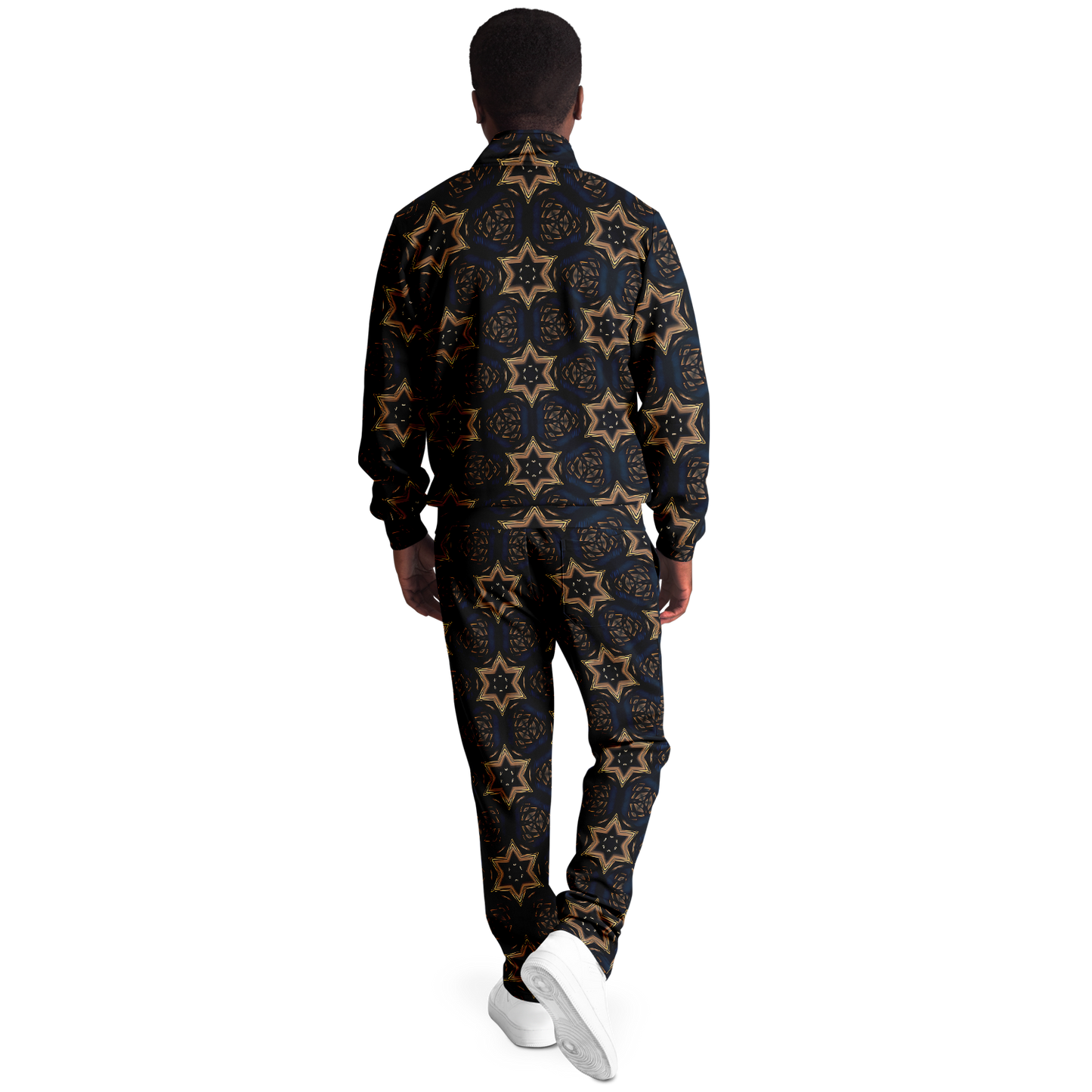 Men's Geometric Floral Pattern in Black & Brown Track Jacket and Pants