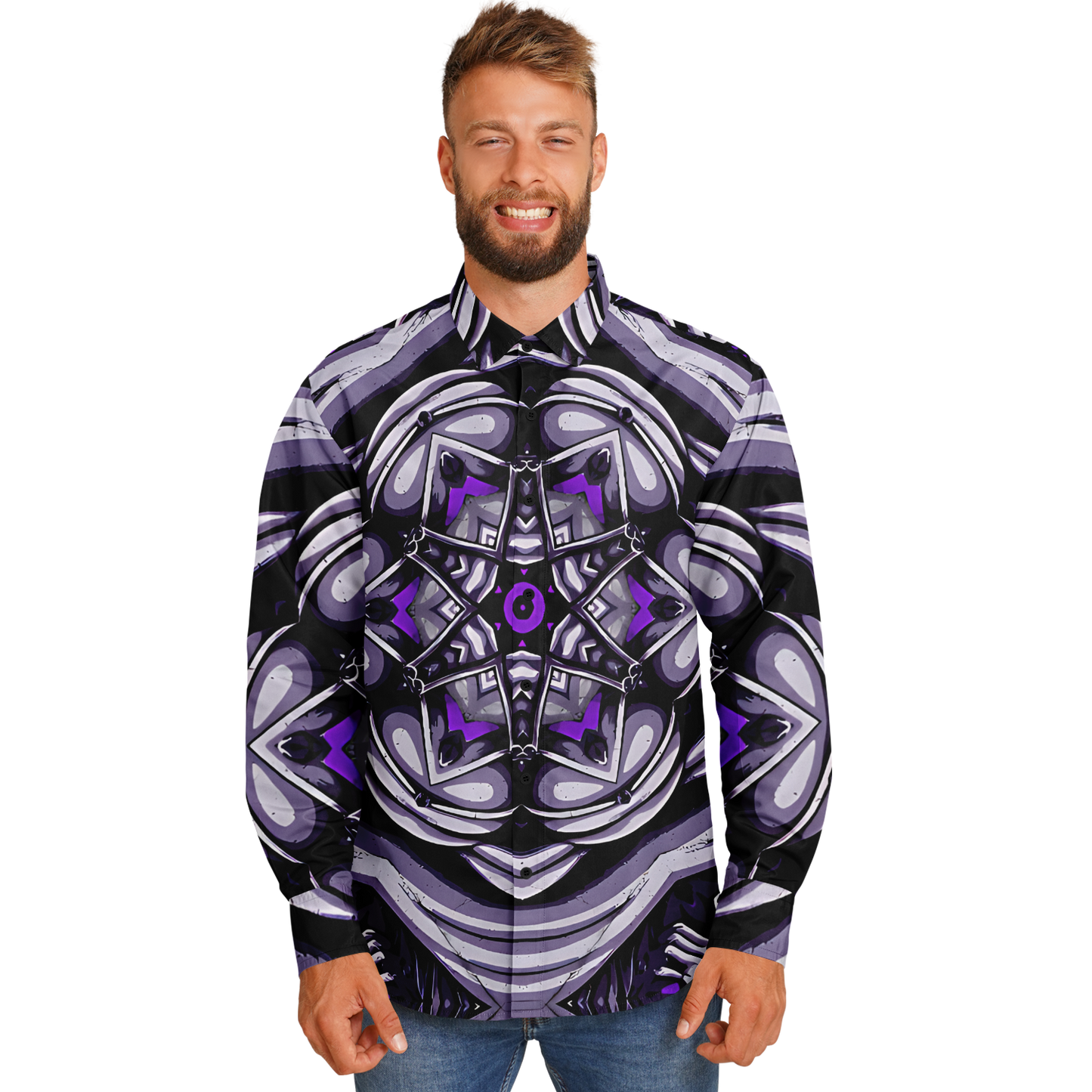 Men's Kaleidoscope Purple Pattern Spread Collar Long Sleeve Button-Down All Over Print Shirt.