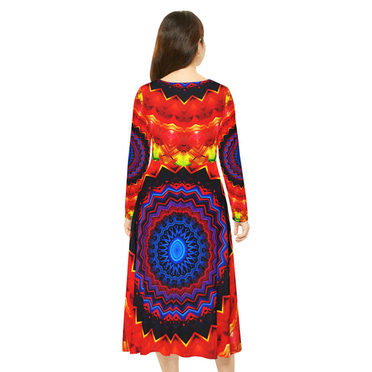 Women's Psychedelic Mandala Long-Sleeve Twirl All-Over Print Dance Dress