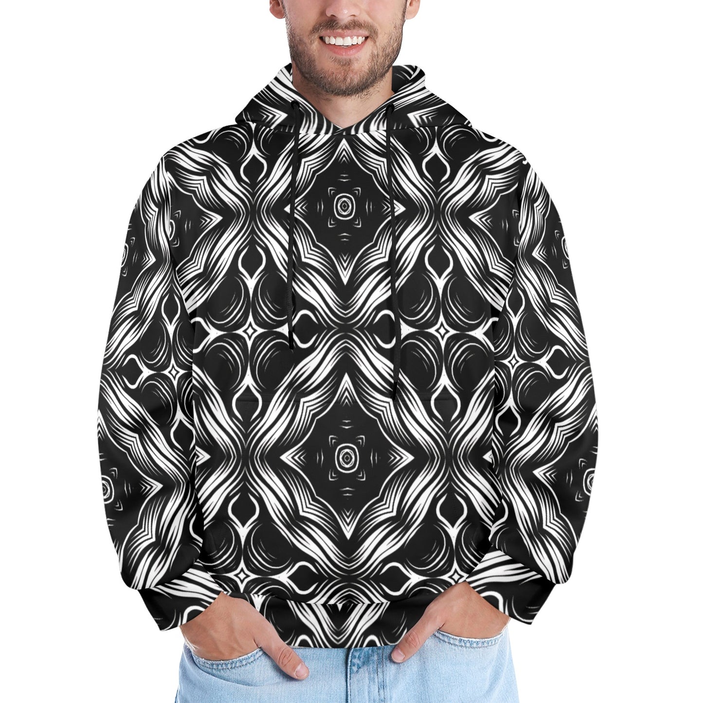 Men's Black & White Geometric Pattern All-Over Print Men's All Over Print Hoodie