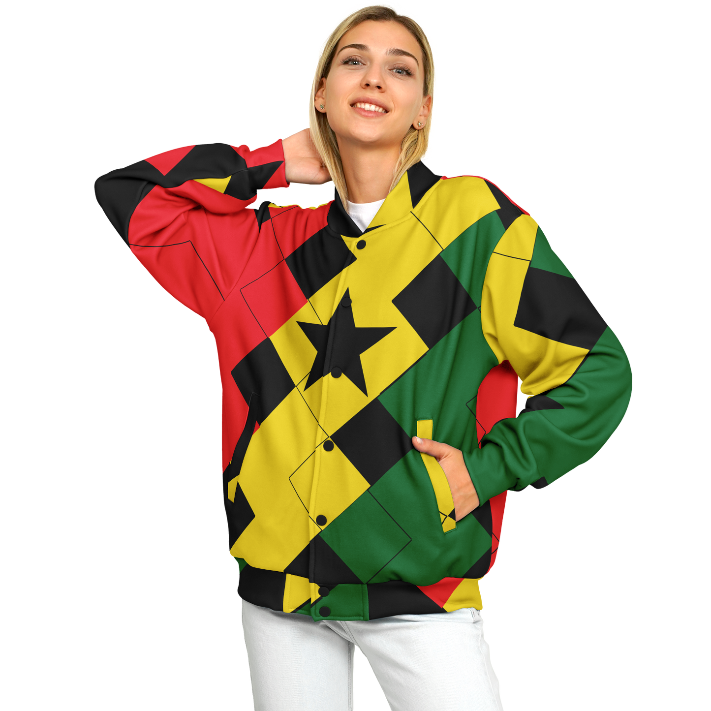 Women's Red Yellow Green and Black Stars Baseball Jacket