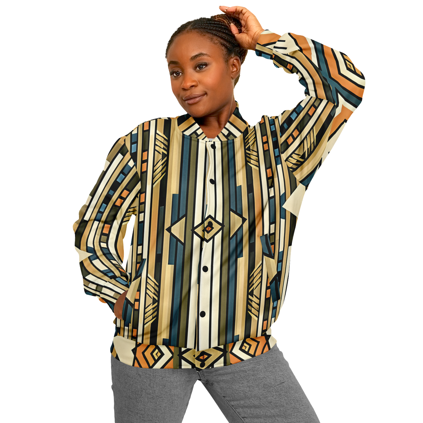Women's Retro Geometric Tribal Pattern All-Over Print Baseball Jacket