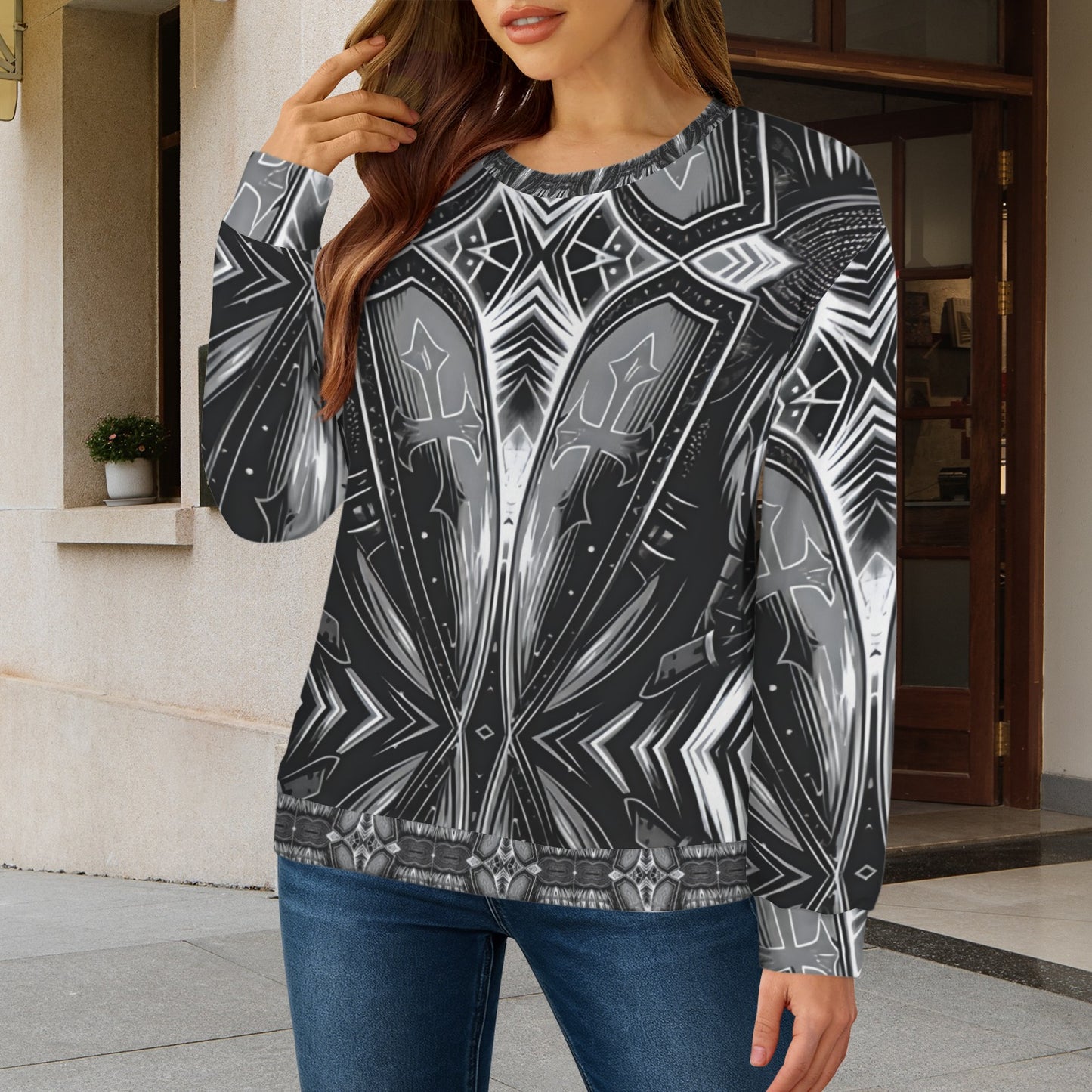 Women's Black & Silver Symmetry Pattern All-Over Print Crew Neck Sweater.