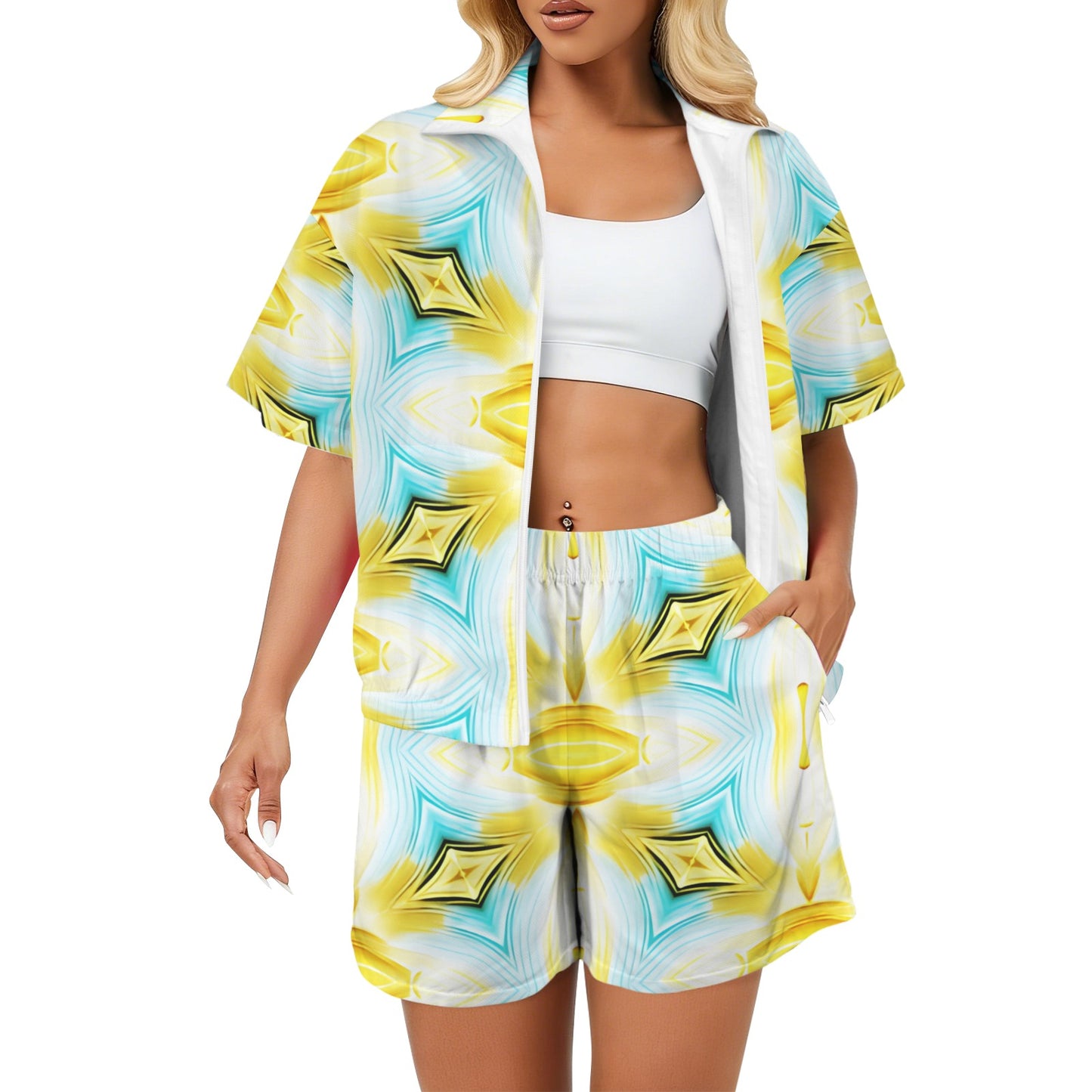 Women's Vibrant Kaleidoscope Geo Pattern All-Over Print Windbreaker Short Set