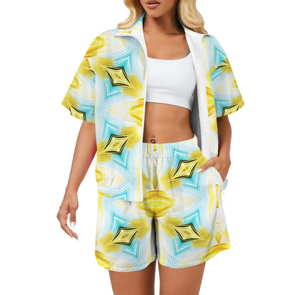 Women's Vibrant Kaleidoscope Geo Pattern All-Over Print Windbreaker Short Set