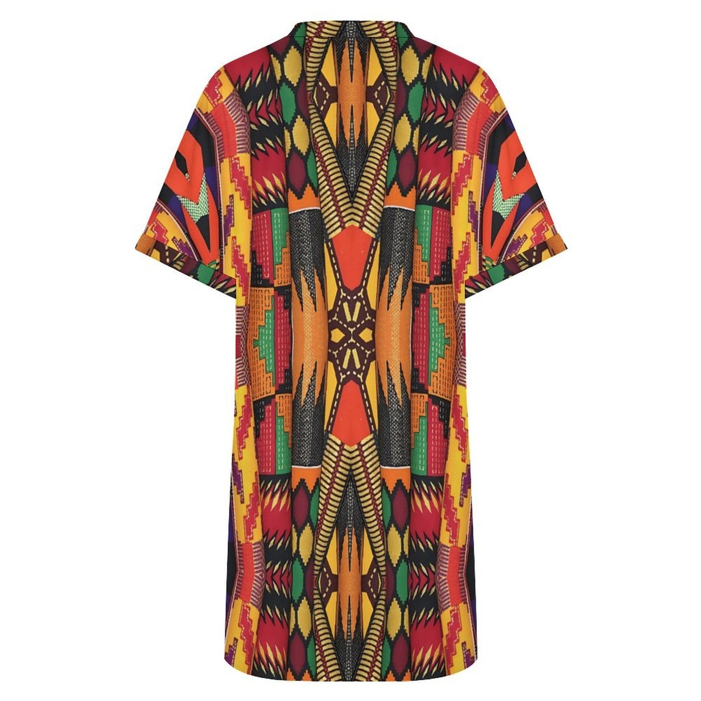 Women's Bold Colorful Aztec Pattern  All-Over Print Casual V-Neck Dress with Rolled Cuffs