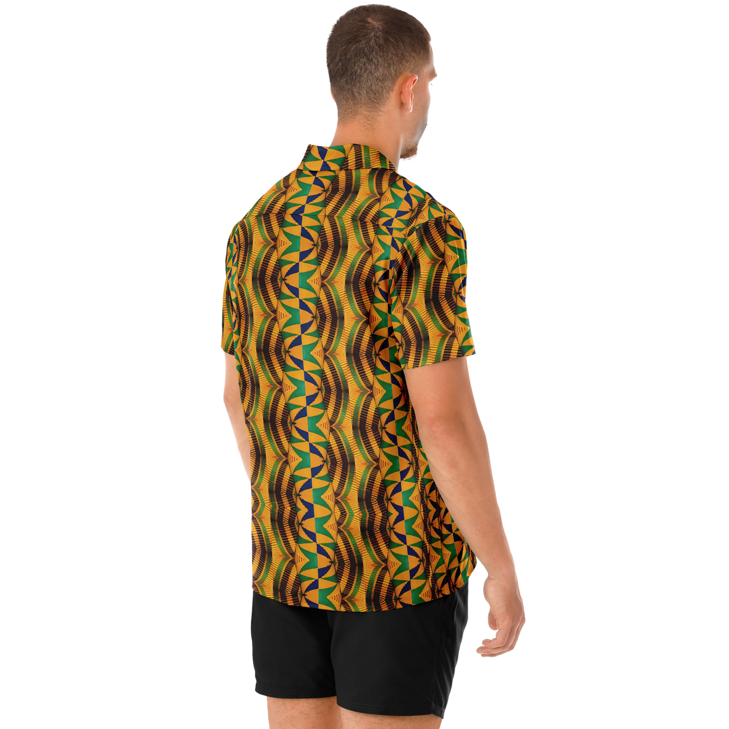 Men's African Kente Kaleidoscope Pattern All-Over Print Spread Collar Short Sleeve Button-Down Shirt