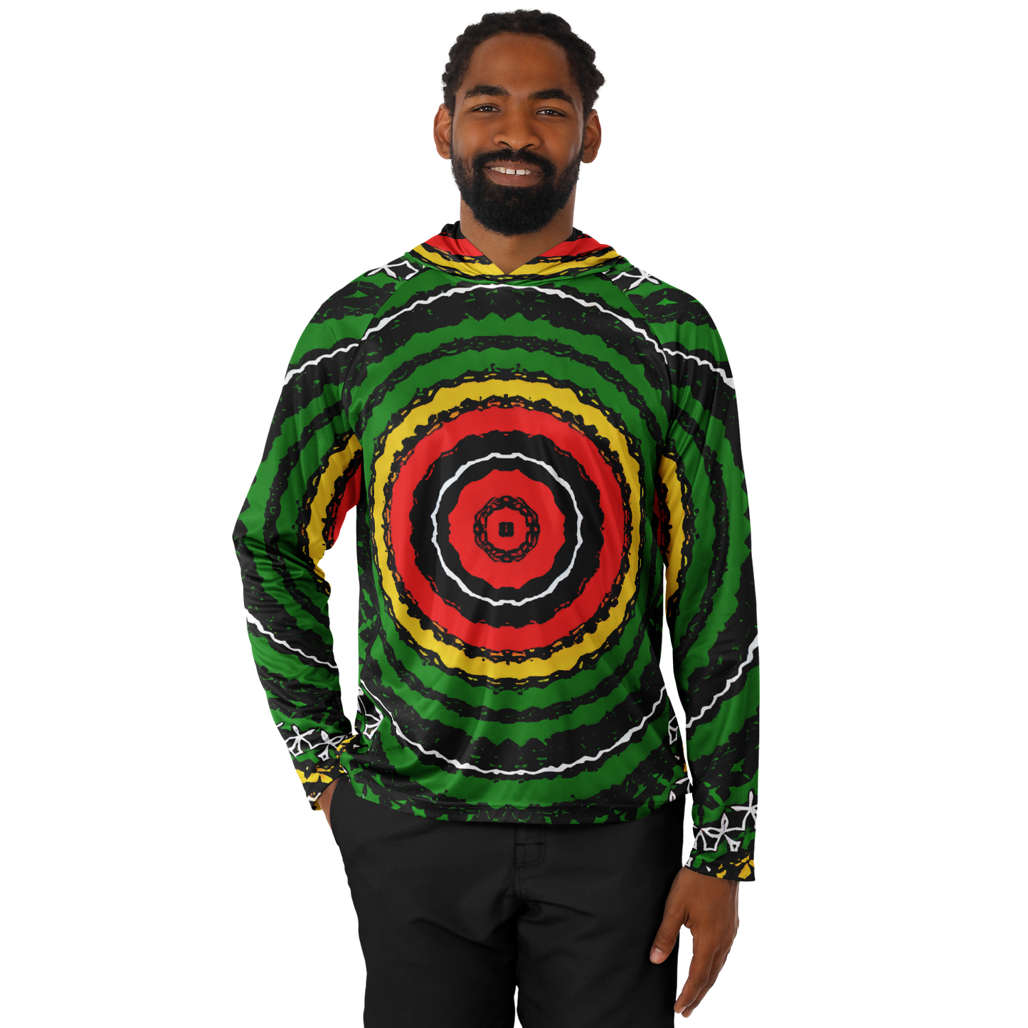 Men's Green Striped with Vibrant Accent Pattern All Over print Long Sleeve Hooded Performance Shirt